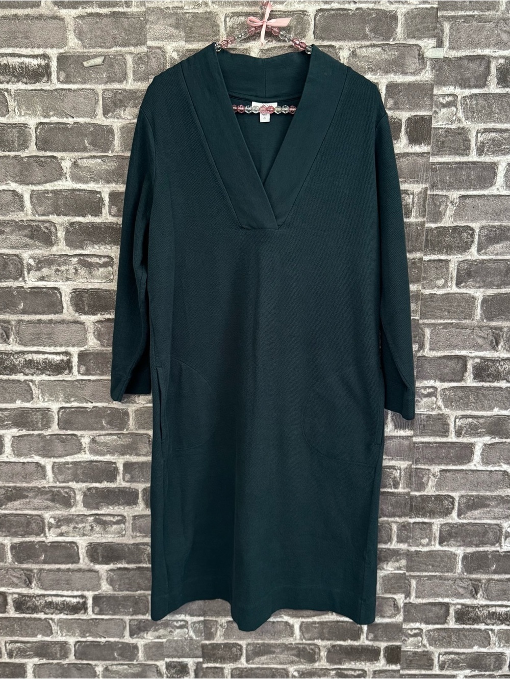 J. Jill Pure Jill Diagonal-Knit Dress Dark green pockets split neck